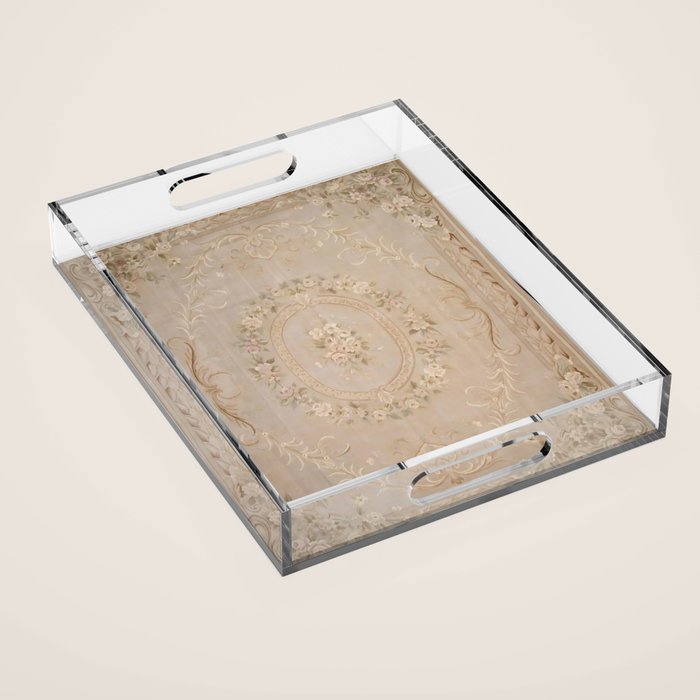 Antique French Aubusson Carpet Beige Rose Floral Acrylic Tray Gallery Image 1