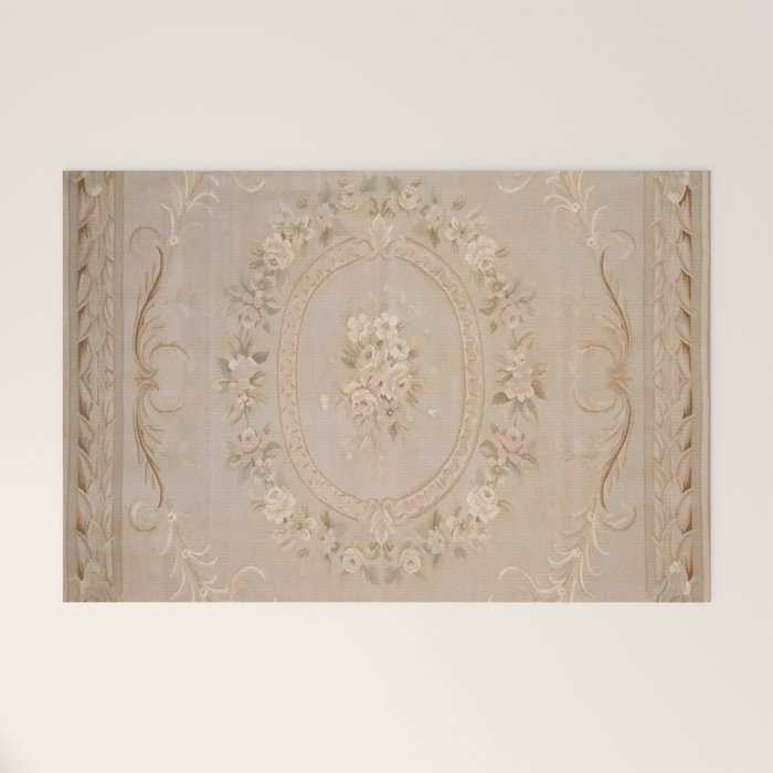 Antique French Aubusson Carpet Beige Rose Floral Welcome Mat Gallery Image 1