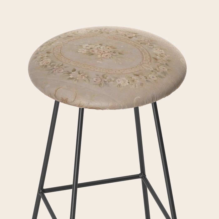 Antique French Aubusson Carpet Beige Rose Floral Stool Gallery Image 2