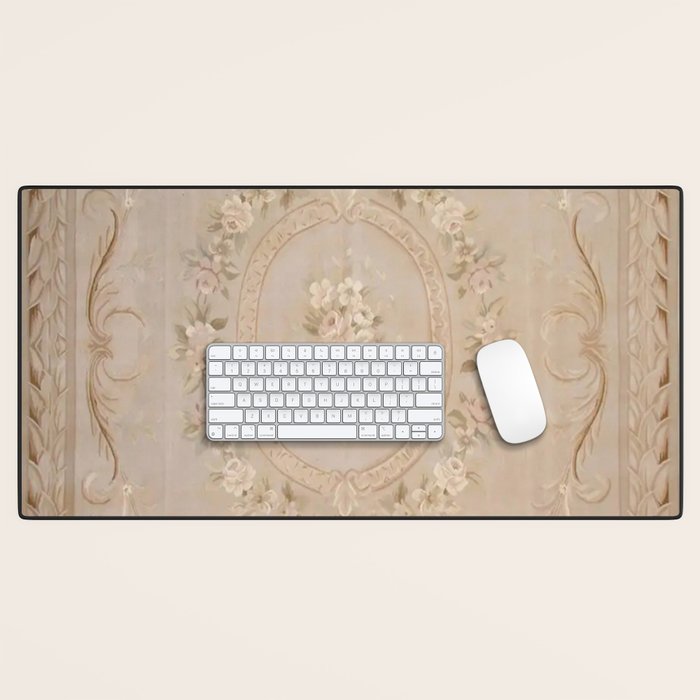 Antique French Aubusson Carpet Beige Rose Floral Desk Mat Gallery Image 1