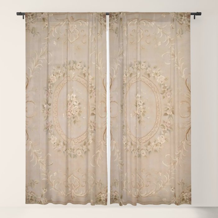 Antique French Aubusson Carpet Beige Rose Floral Window Curtain Gallery Image 1