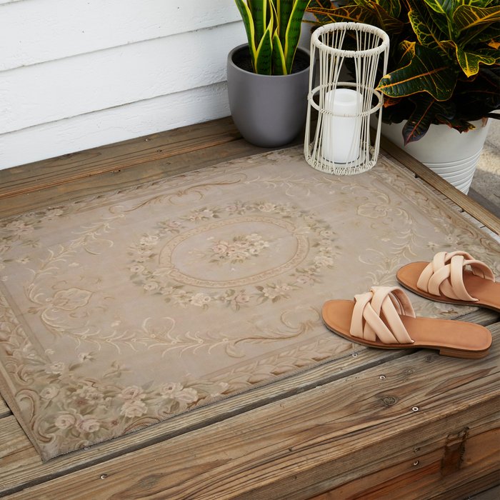 Antique French Aubusson Carpet Beige Rose Floral Outdoor Rug Gallery Image 2