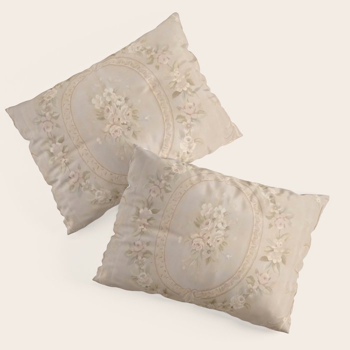 Antique French Aubusson Carpet Beige Rose Floral Pillow Sham Gallery Image 1