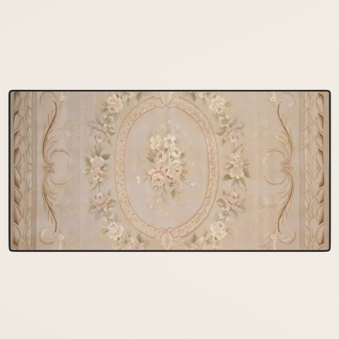 Antique French Aubusson Carpet Beige Rose Floral Desk Mat Gallery Image 3