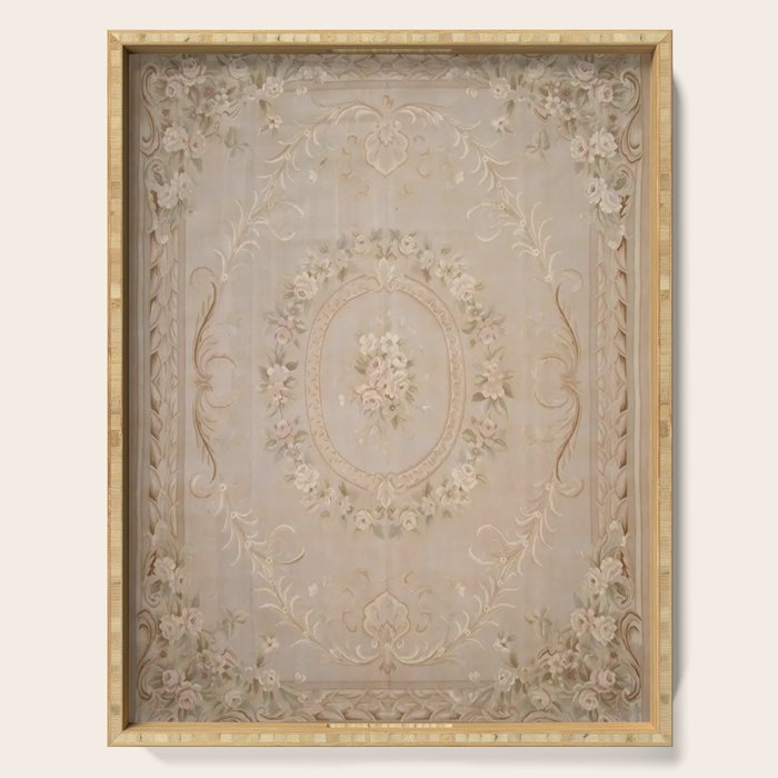 Antique French Aubusson Carpet Beige Rose Floral Serving Tray Gallery Image 1