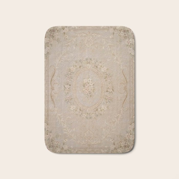 Antique French Aubusson Carpet Beige Rose Floral Bath Mat Gallery Image 1