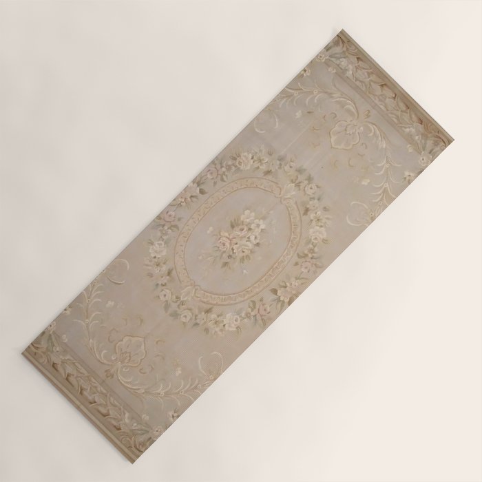 Antique French Aubusson Carpet Beige Rose Floral Yoga Mat Gallery Image 1
