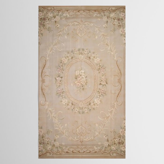 Antique French Aubusson Carpet Beige Rose Floral Tablecloth Gallery Image 2