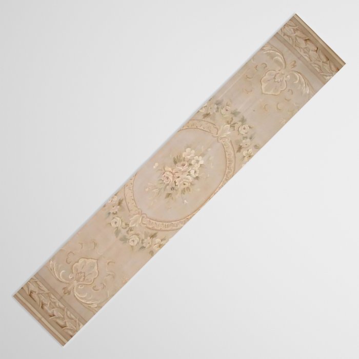 Antique French Aubusson Carpet Beige Rose Floral Table Runner Gallery Image 3