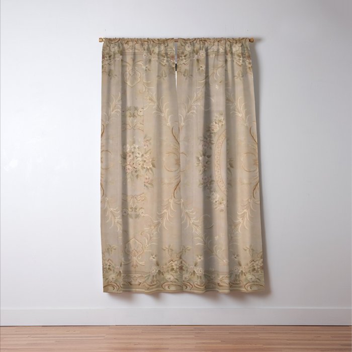 Antique French Aubusson Carpet Beige Rose Floral Window Curtain Gallery Image 3