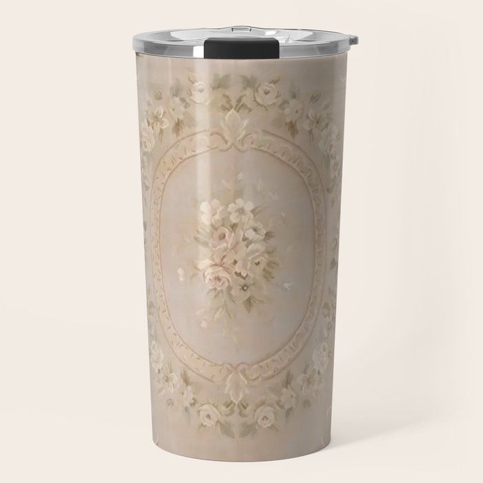 Antique French Aubusson Carpet Beige Rose Floral Travel Mug Gallery Image 1