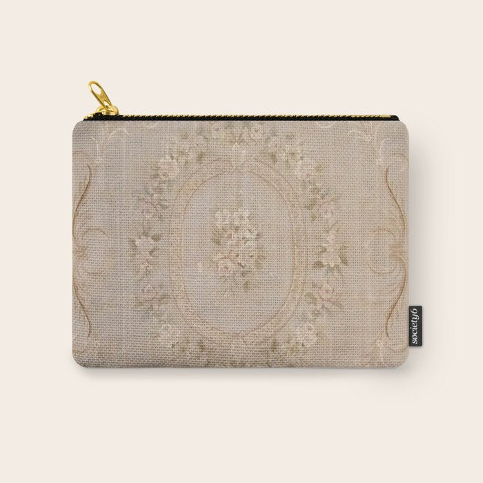 Antique French Aubusson Carpet Beige Rose Floral Carry All Pouch Gallery Image 1