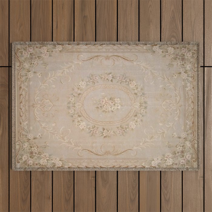 Antique French Aubusson Carpet Beige Rose Floral Outdoor Rug Gallery Image 1