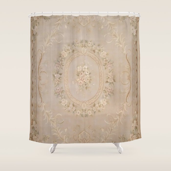 Antique French Aubusson Carpet Beige Rose Floral Shower Curtain Gallery Image 1