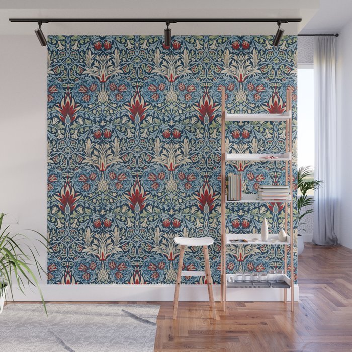 William Morris Vintage Snakeshead Blue & Red Pattern Wall Mural Gallery Image 1