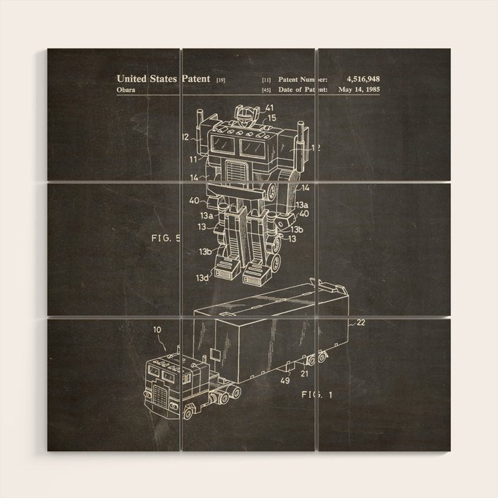Optimus Prime Patent - Transformers Fan Comic Book Geek Art - Black Chalkboard Wood Wall Art Gallery Image 1