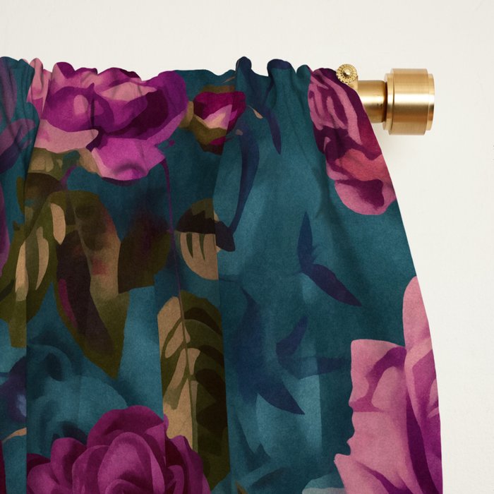 Regency Vibe Velveteen Moody  Flowers Fuchsia Pink Burgundy And Turquoise Window Curtain Gallery Image 2