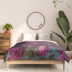 Regency Vibe Velveteen Moody  Flowers Fuchsia Pink Burgundy And Turquoise Comforter Gallery Image 3
