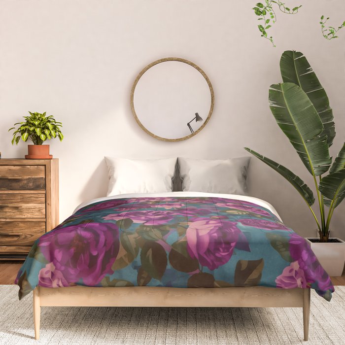 Regency Vibe Velveteen Moody  Flowers Fuchsia Pink Burgundy And Turquoise Comforter Gallery Image 3