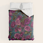 Regency Vibe Velveteen Moody  Flowers Fuchsia Pink Burgundy And Turquoise Comforter Gallery Image 6