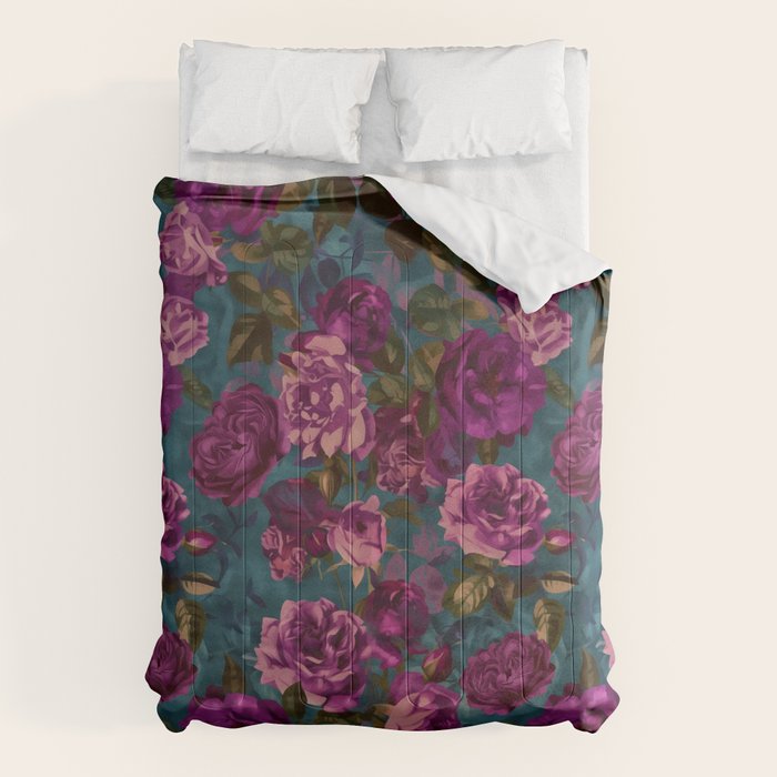Regency Vibe Velveteen Moody  Flowers Fuchsia Pink Burgundy And Turquoise Comforter Gallery Image 6