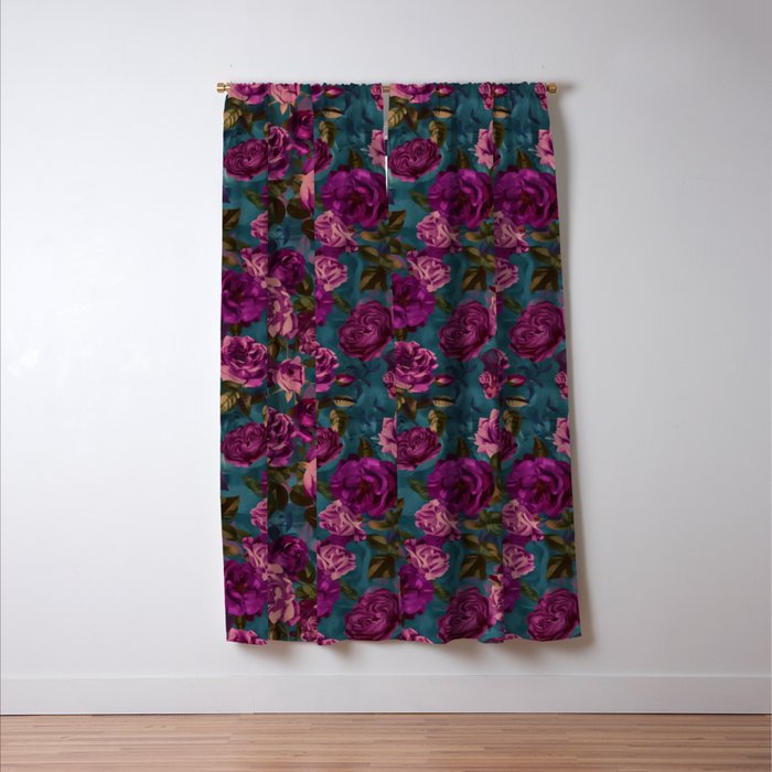 Regency Vibe Velveteen Moody  Flowers Fuchsia Pink Burgundy And Turquoise Window Curtain Gallery Image 3