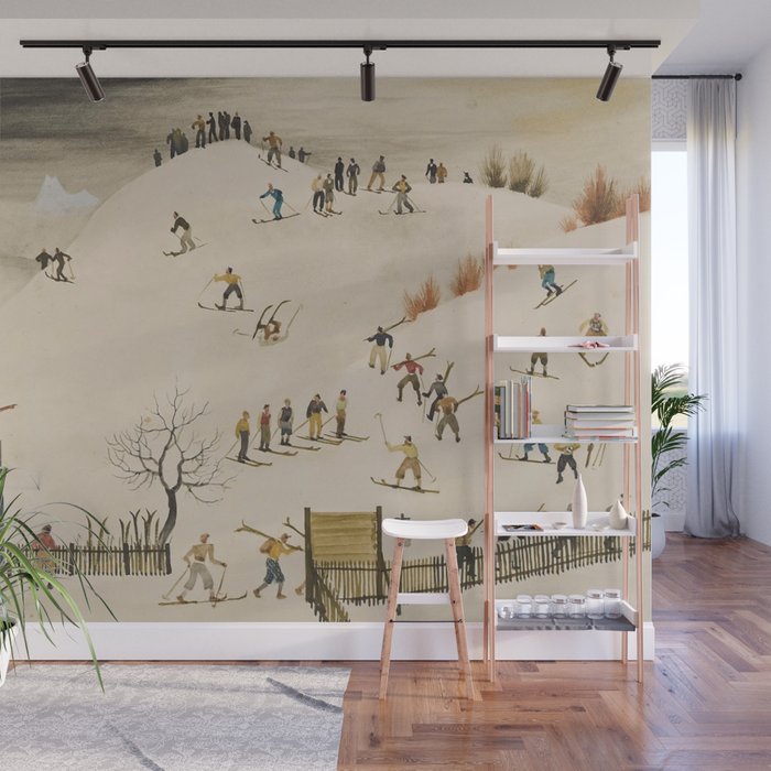 The Practice Slope winter skiing landscape painting by Franz Sedlacek  Wall Mural Gallery Image 1