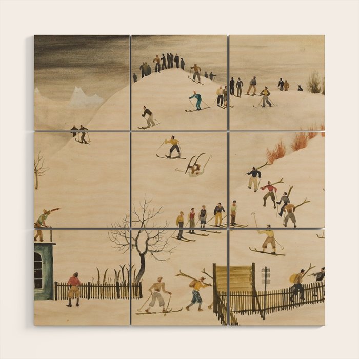 The Practice Slope winter skiing landscape painting by Franz Sedlacek  Wood Wall Art Gallery Image 1