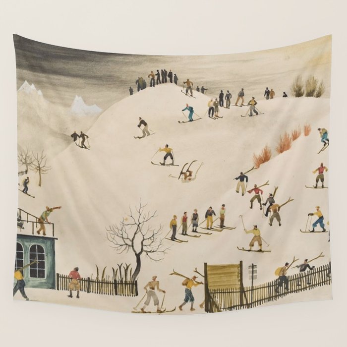 The Practice Slope winter skiing landscape painting by Franz Sedlacek  Wall Tapestry Gallery Image 4