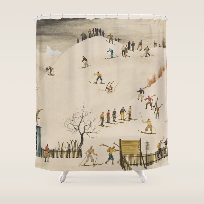 The Practice Slope winter skiing landscape painting by Franz Sedlacek  Shower Curtain Gallery Image 1