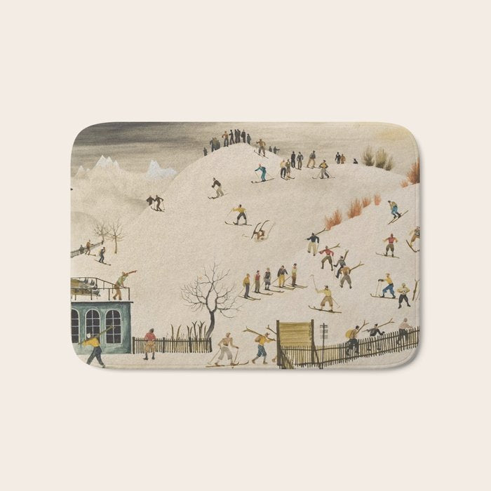 The Practice Slope winter skiing landscape painting by Franz Sedlacek  Bath Mat Gallery Image 1