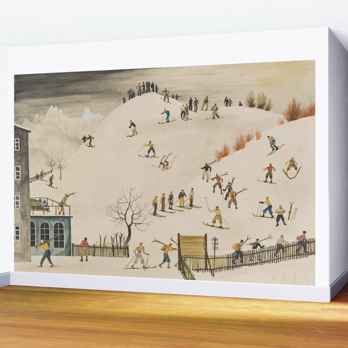 The Practice Slope winter skiing landscape painting by Franz Sedlacek  Wall Mural Gallery Image 2