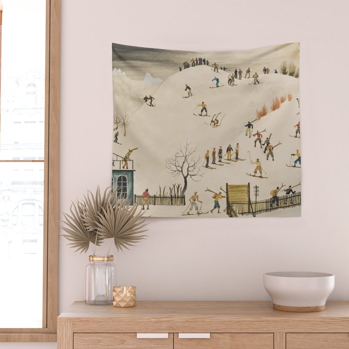 The Practice Slope winter skiing landscape painting by Franz Sedlacek  Wall Tapestry Gallery Image 2