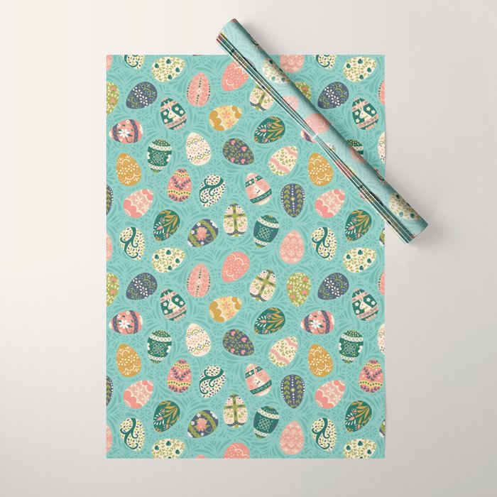 Floral Easter Eggs - Aqua Wrapping Paper Gallery Image 1