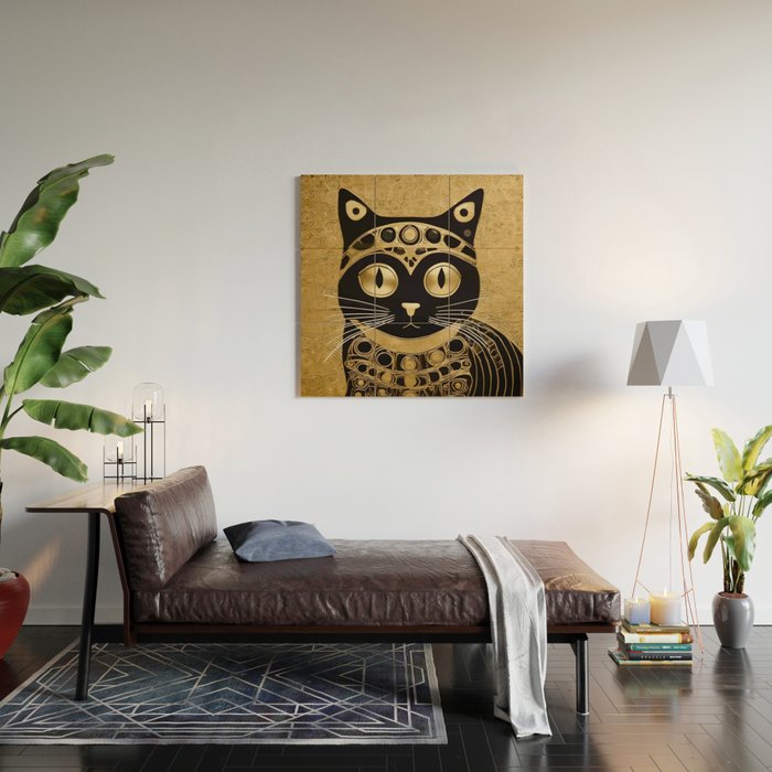 Black and Gold Klimt Cat in Royal Robes Wood Wall Art Gallery Image 2