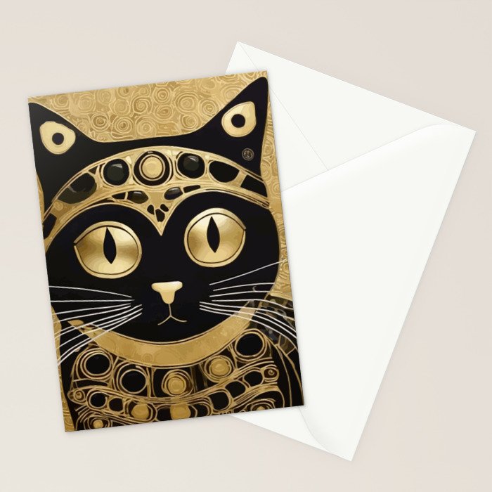 Black and Gold Klimt Cat in Royal Robes Stationery Card Gallery Image 2