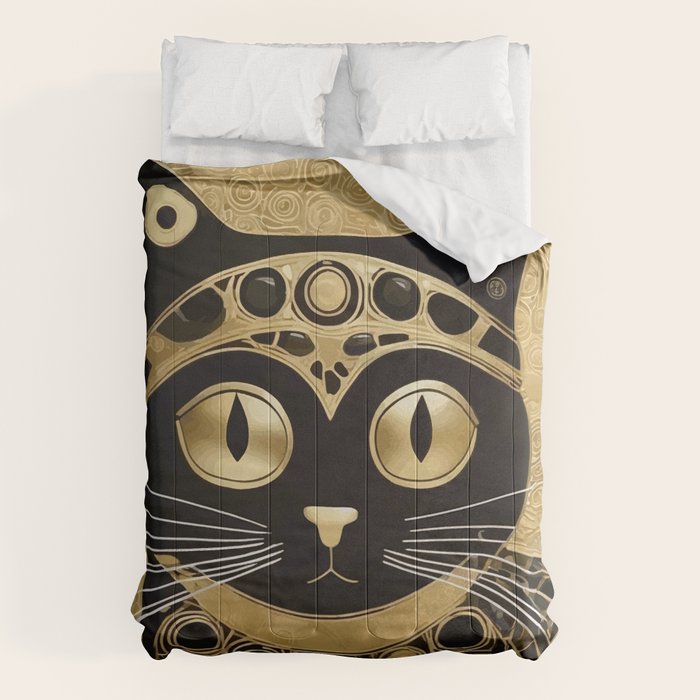 Black and Gold Klimt Cat in Royal Robes Comforter Gallery Image 6