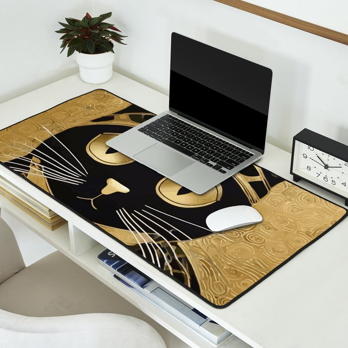 Black and Gold Klimt Cat in Royal Robes Desk Mat Gallery Image 2