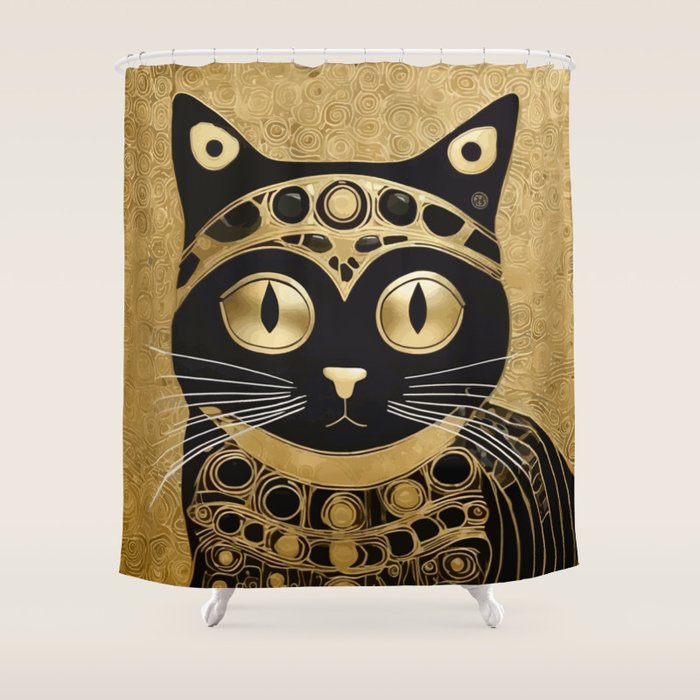 Black and Gold Klimt Cat in Royal Robes Shower Curtain Gallery Image 1
