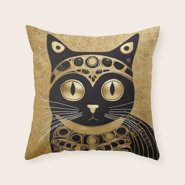 Black and Gold Klimt Cat in Royal Robes Throw Pillow Gallery Image 1