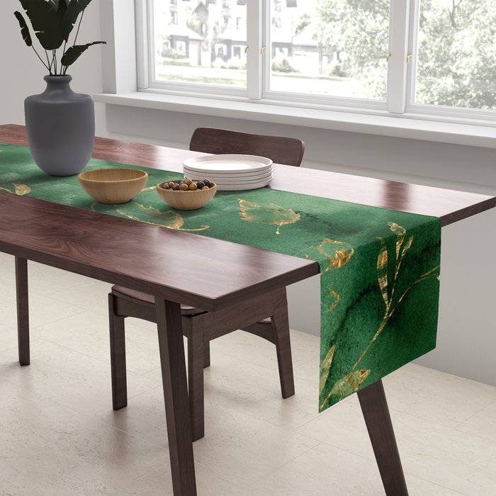 Winter Gold Flowers On Emerald Marble Texture Table Runner Gallery Image 2