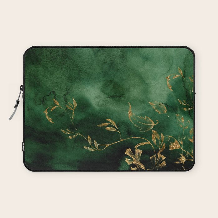 Winter Gold Flowers On Emerald Marble Texture Laptop Sleeve Gallery Image 1