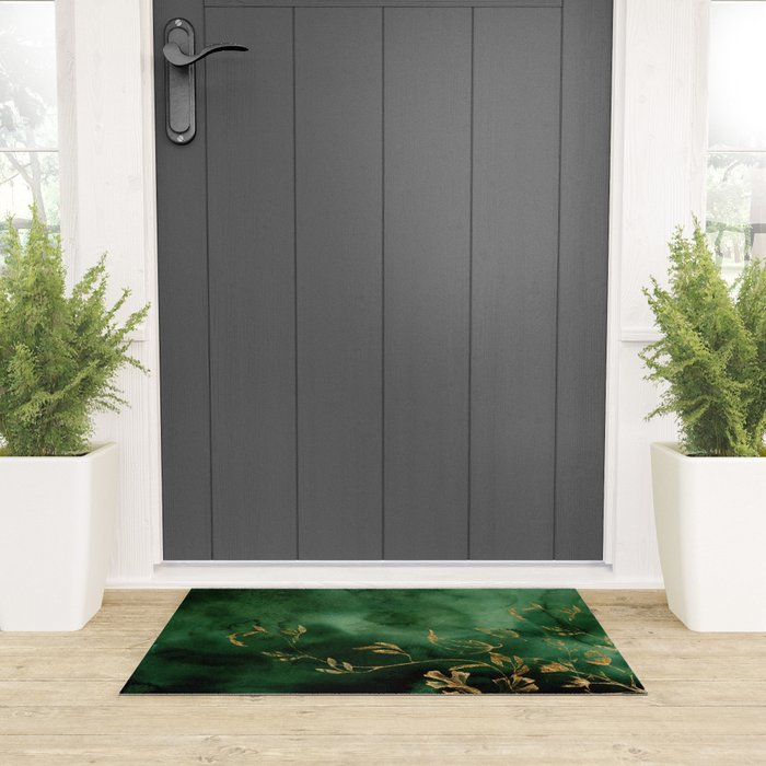 Winter Gold Flowers On Emerald Marble Texture Welcome Mat Gallery Image 3