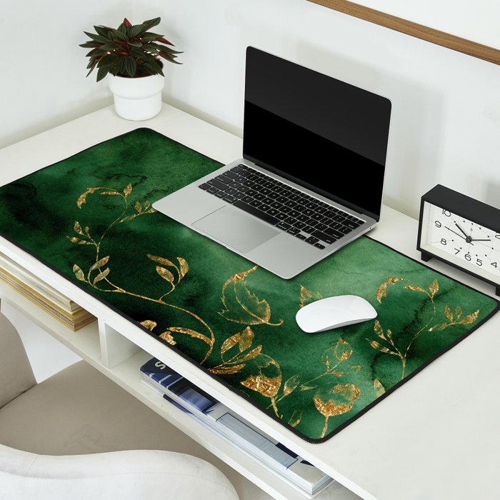 Winter Gold Flowers On Emerald Marble Texture Desk Mat Gallery Image 2