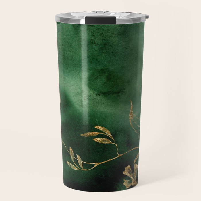 Winter Gold Flowers On Emerald Marble Texture Travel Mug Gallery Image 1