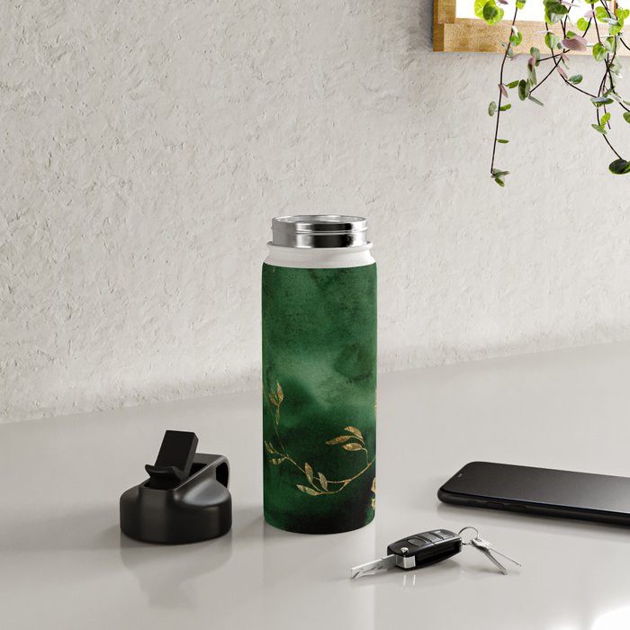 Winter Gold Flowers On Emerald Marble Texture Water Bottle Gallery Image 4