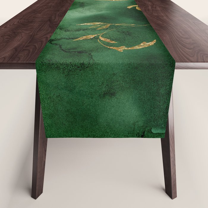 Winter Gold Flowers On Emerald Marble Texture Table Runner Gallery Image 1