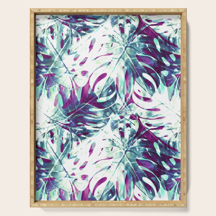 Abstract leaf monstera violet Serving Tray Gallery Image 1