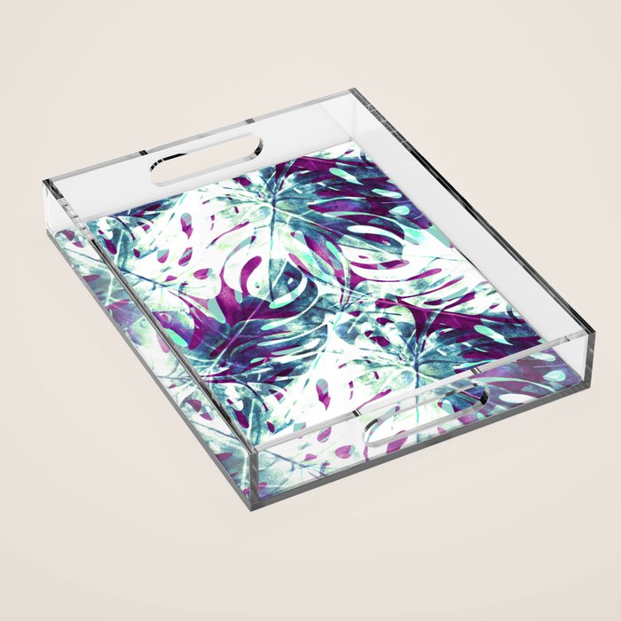 Abstract leaf monstera violet Acrylic Tray Gallery Image 1