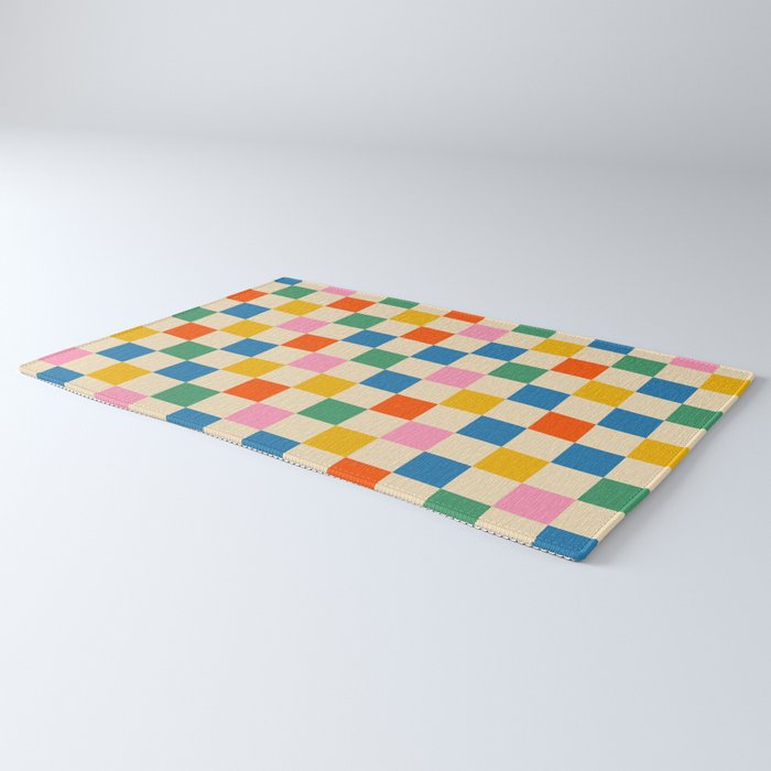 Checkerboard Check Colorful Geometric Checked Pattern Blue Green Pink Mustard Orange Cream Rug Gallery Image 3